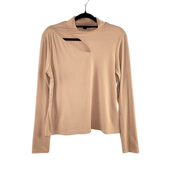 INC International Concepts Tan Ribbed Mock Neck Long Sleeve Cutout Top Size L - Picture 1 of 8